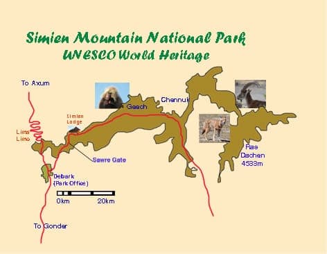 Map of Simien Mountains National Park