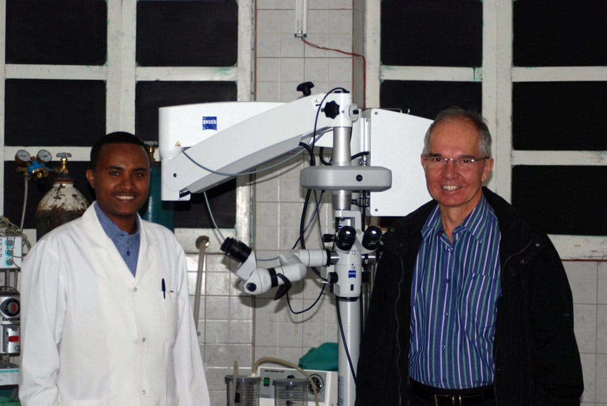 Doctors with a donated operating microscope in Gondar